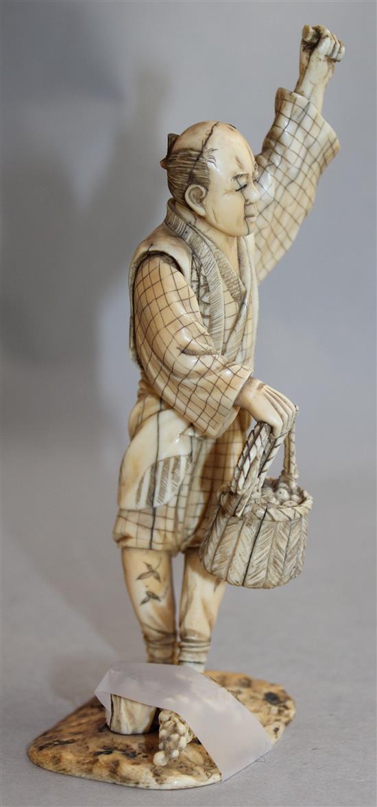 Japanese Meiji period ivory okimono of a grape picker, Meiji period, 17.2cm, faults(-)